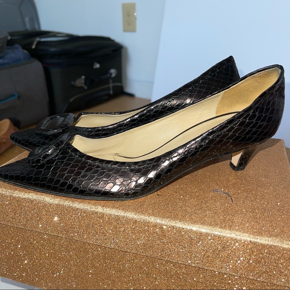 Kate Spade Designer Black embossed leather kitten heels made in Italy buckle toe